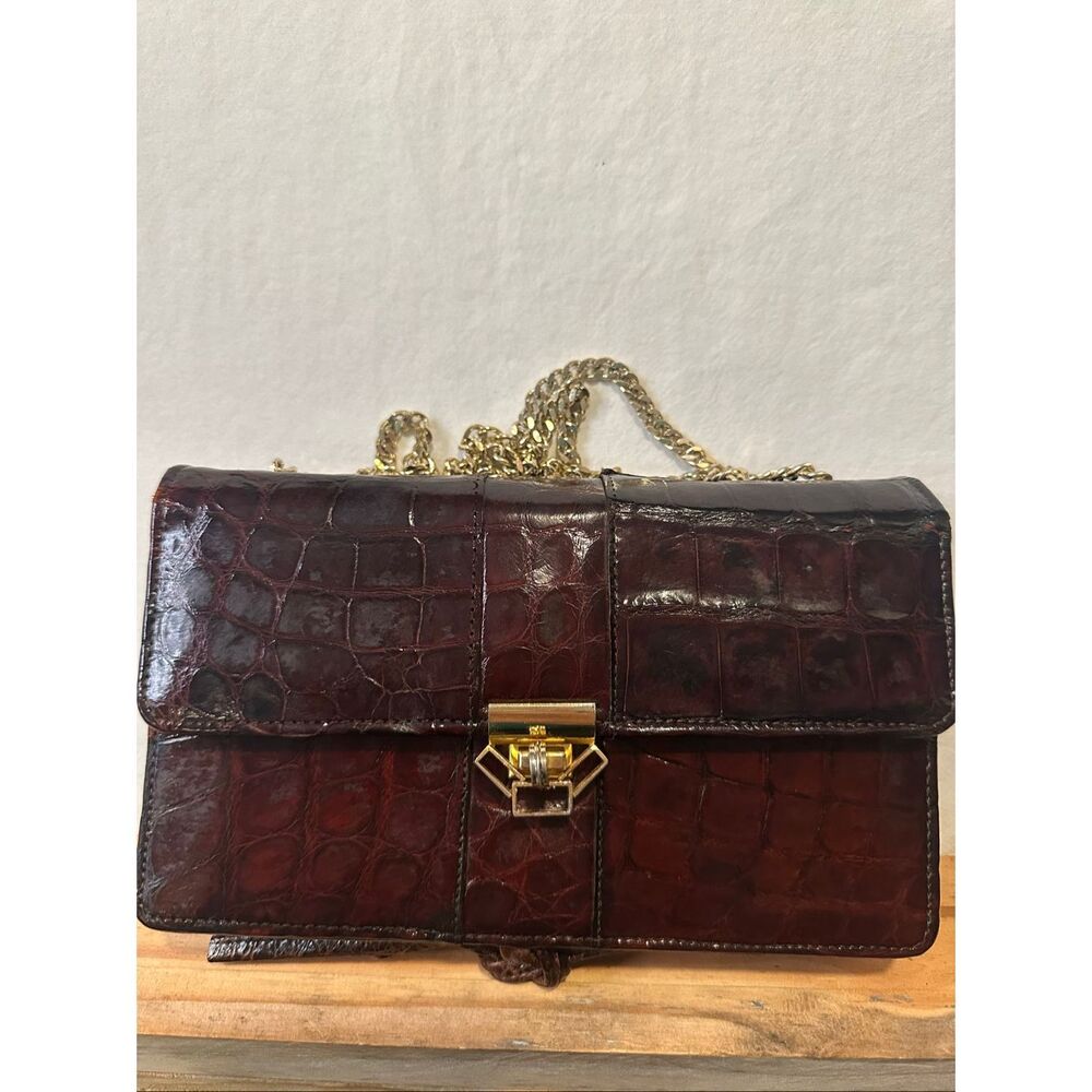 Vintage Genuine Alligator Crocodile Leather Handbag Brown Chain Strap Clutch Pur